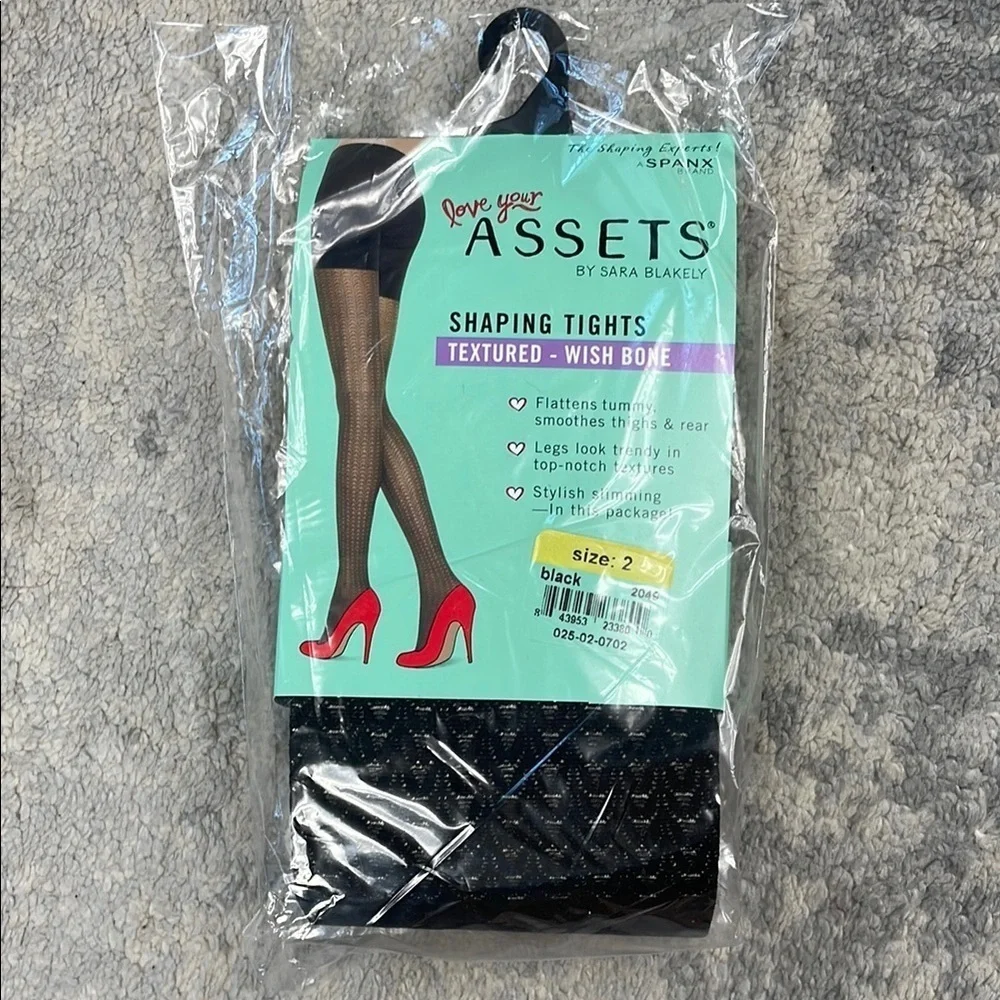 Spanx Assets Shaping Tights Textured Wish Bone Slimming Smoothing Black Sz 2